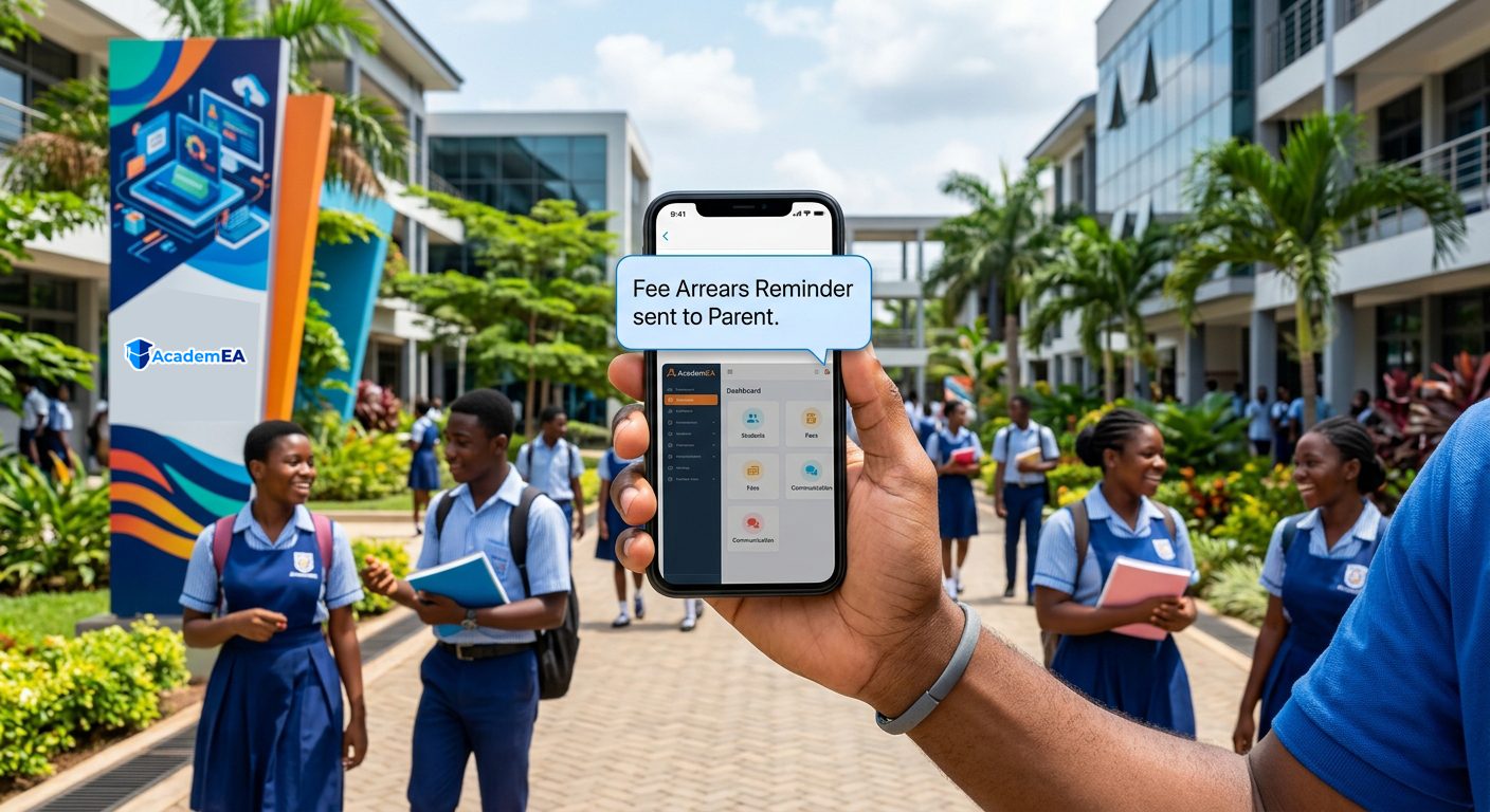 A parent's phone showing a fee arrears reminder message from AcademEA, with students walking on a school campus behind