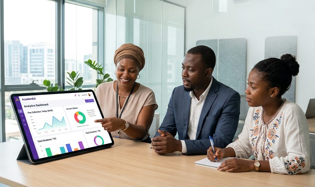 A school administrator showing two colleagues the AcademEA analytics dashboard on a tablet